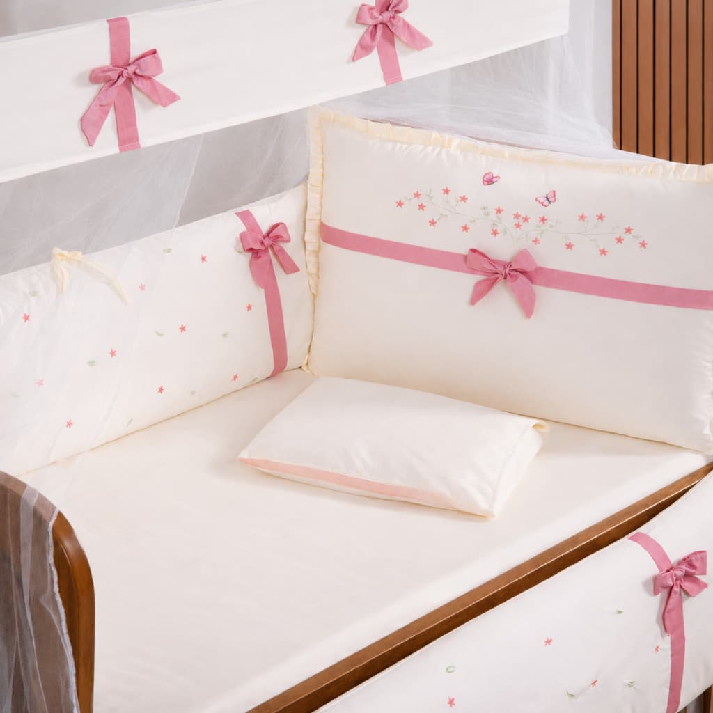 Kit Berço Menina 10 Peças Completo Enxoval Bebê Rose Laço Protetor Berço Algodão