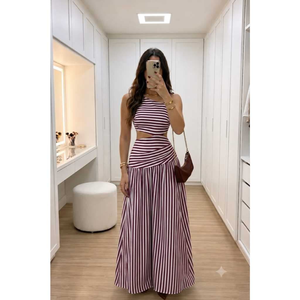 Vestido Longo Feminino Listrado Assimetrico com Costas Abertas Amarração e Recorte na Cintura