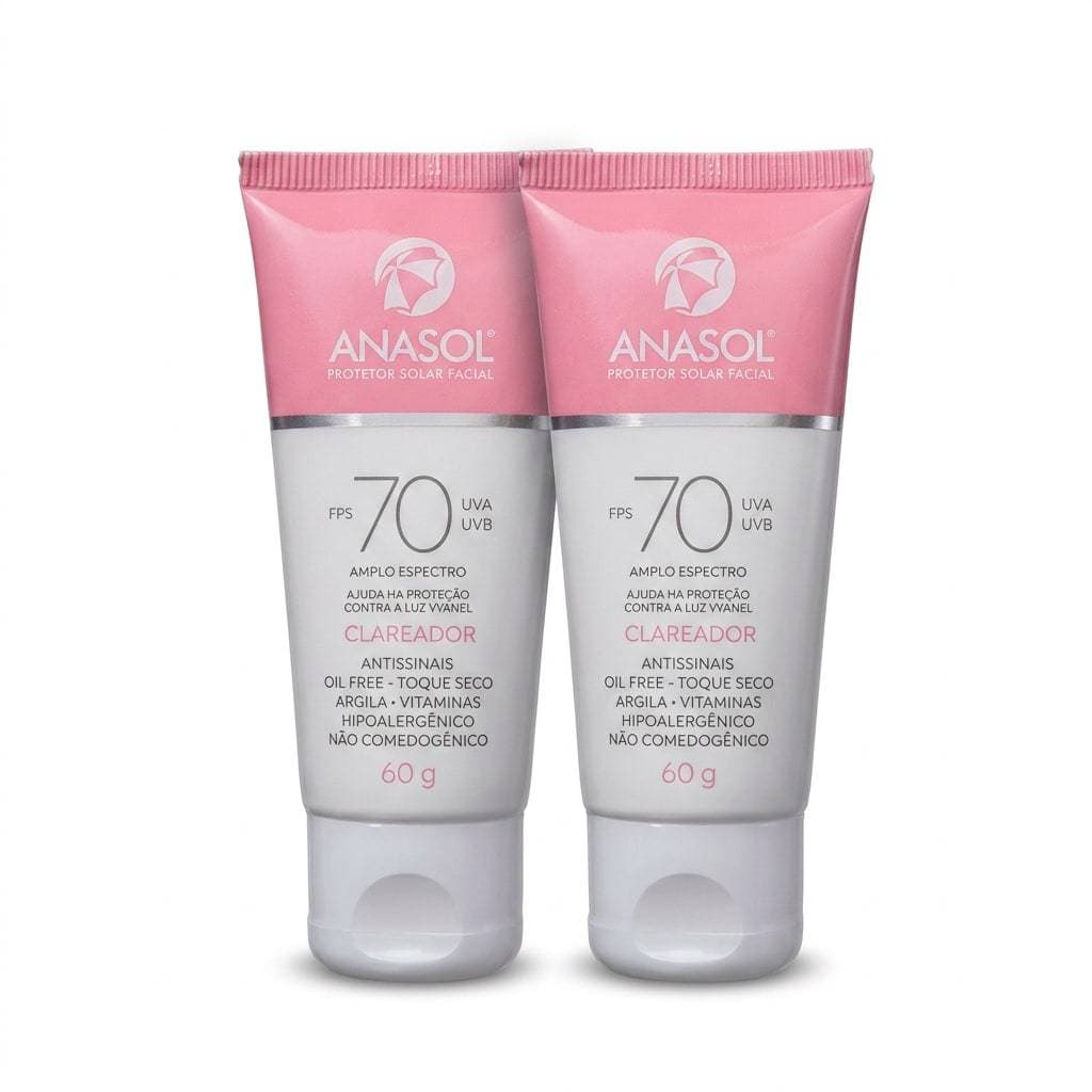 Kit 2 Protetor Solar Facial FPS70 Toque Seco Anasol 60g Clareador em Creme