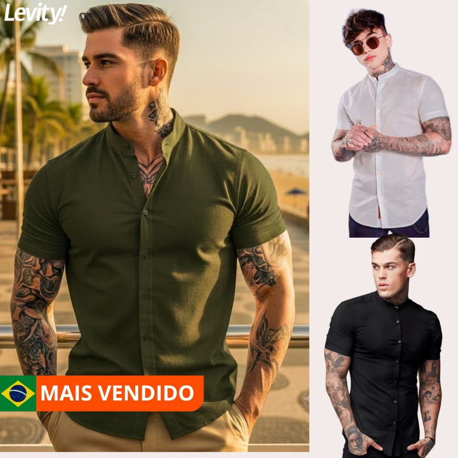 Camisa Social Masculina Viscolinho Slim Manga Curta Fresca