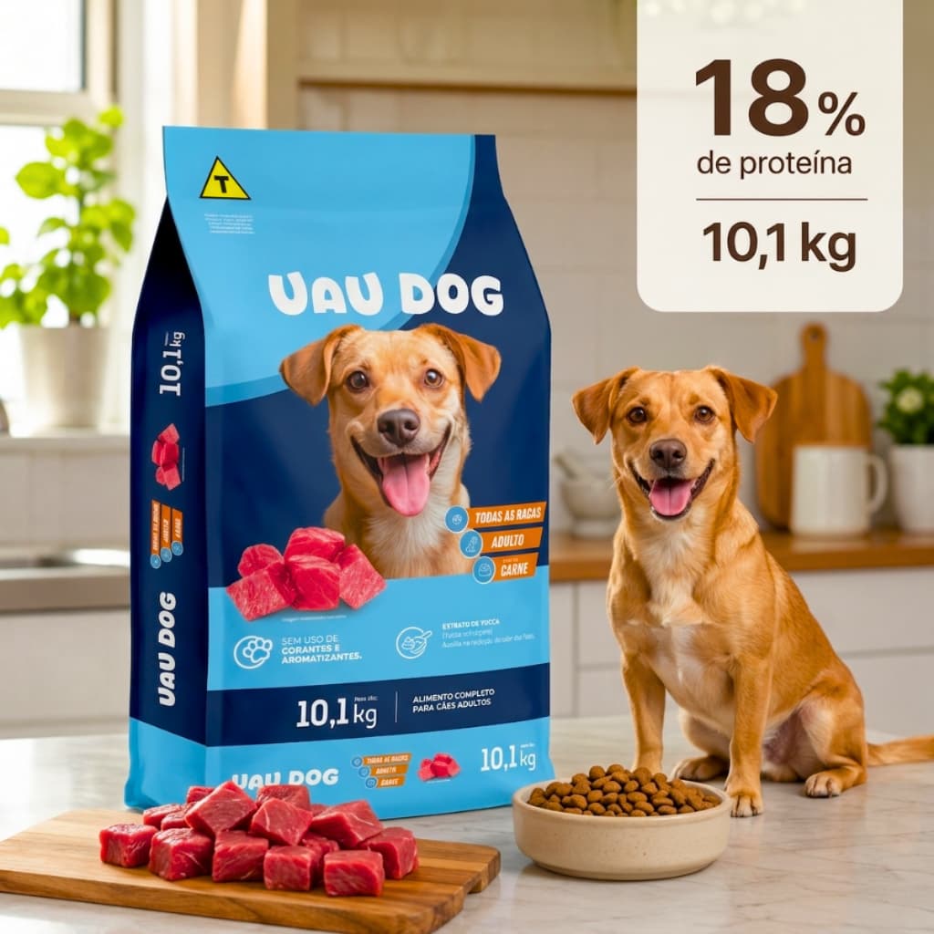 Ração para Cachorro Cães Uau Dog Adulto 18% de Proteína Sabor Carne Todas as Raças 10kg