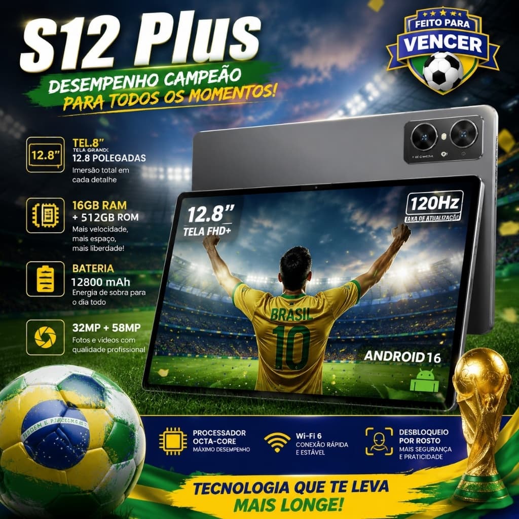 Galaxy Tablet S12 Plus 12.8" 16GB RAM + 512GB ROM | Tela FHD+ 120Hz | Bateria 10000mAh | Android 15 | Ideal para Estudos