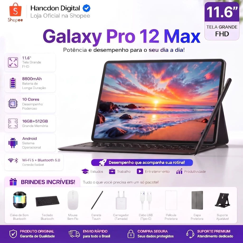 【 Alto-falantes complementares】Galaxy  Pro12Max Android 11,6inch 16GB +512 GB Bateria de 8800 mAh Oferta especial
