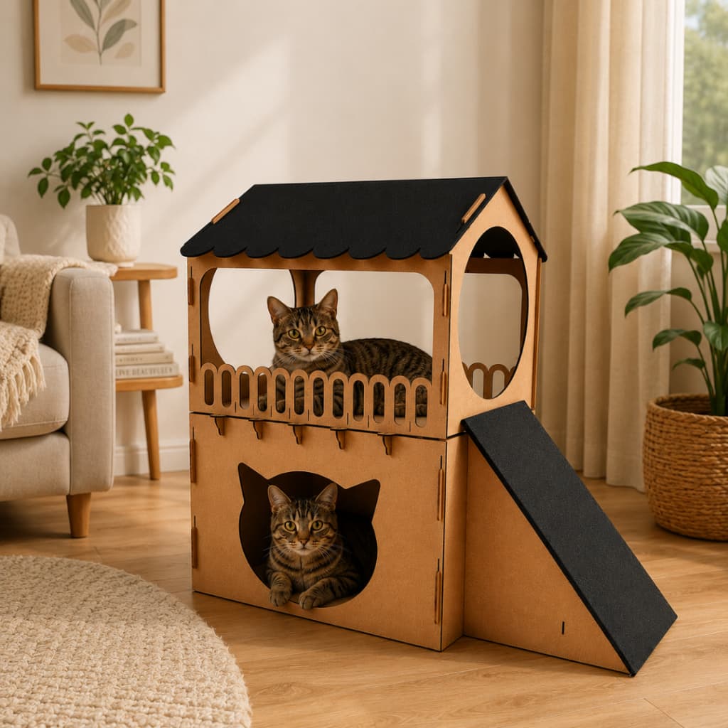 Playground Casinha de Gato com Rampa Arranhador MDF Resistente 75x65x32cm