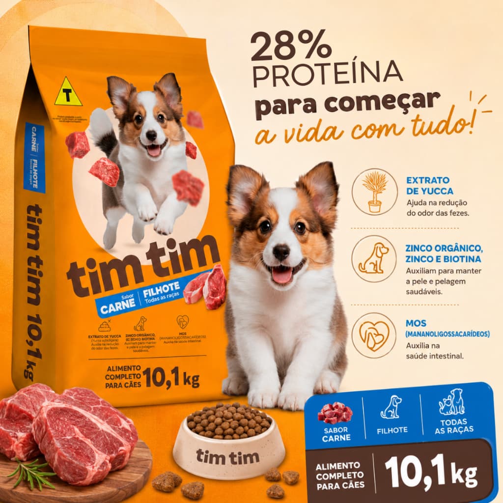 Ração para Cachorro Cães Filhotes 28% Proteína Tim Tim Dog Premium Sabor Carne 10 Kg