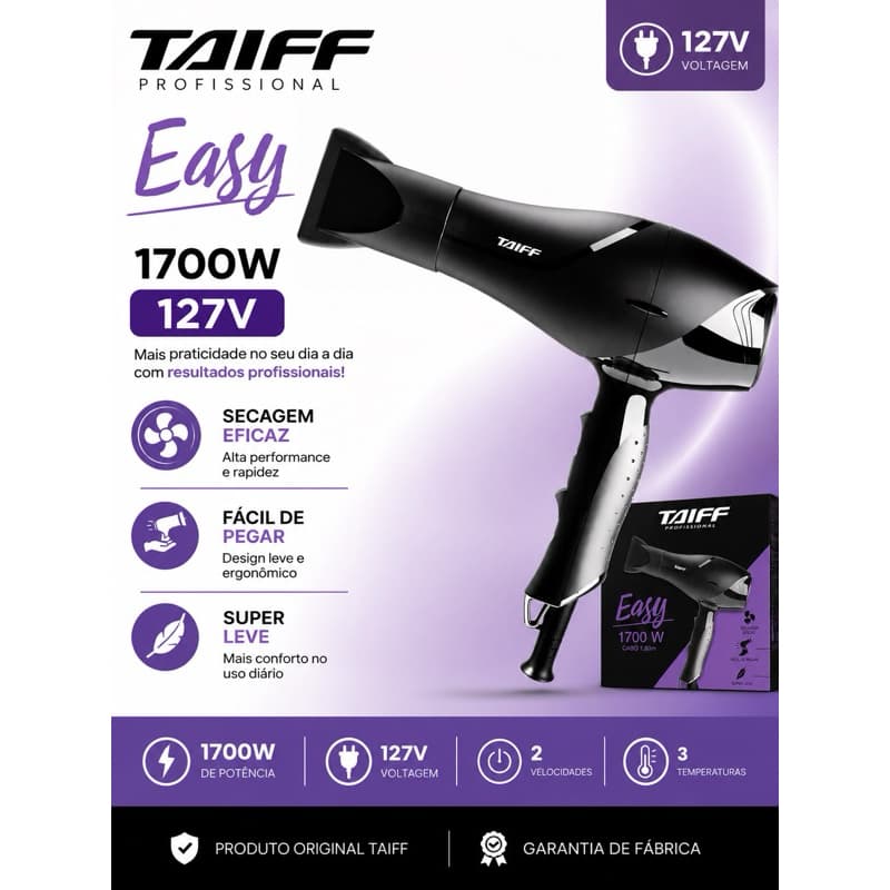 Secador de Cabelo Taiff Easy 1700W - Secagem Rápida e Motor AC Profissional