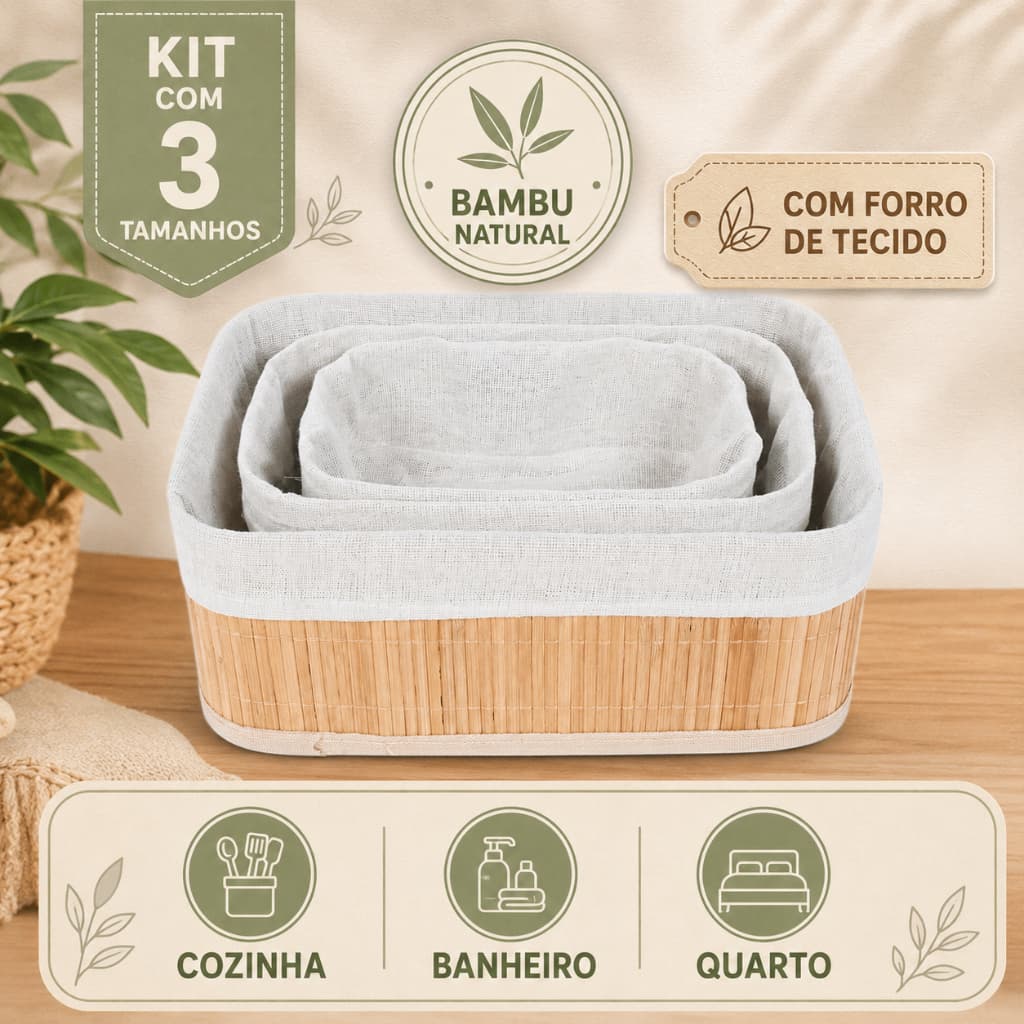 Kit 3 Cestos de Bambu Organizador Multiuso com Forro - Cesto Organizador Cozinha Banheiro Quarto Maquiagem Decoração