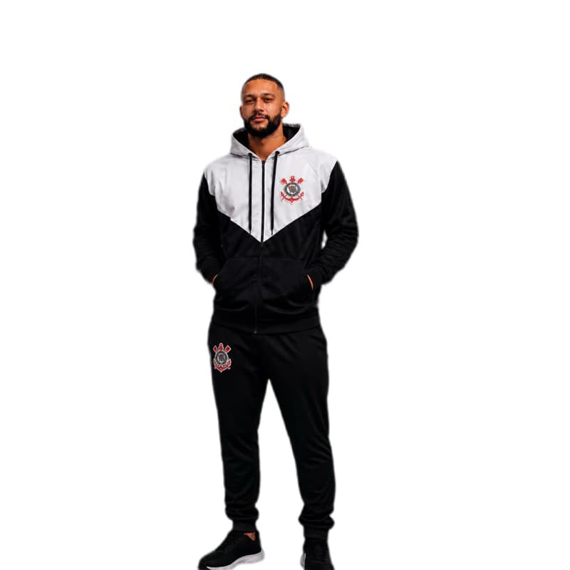 Conjunto Masculino Esportivo Jaqueta com Capuz e Calça Confortável Preto