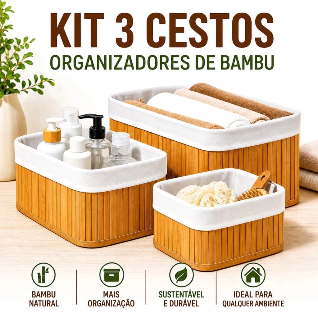 Kit 3 Cestos Organizadores de Bambu Multiuso com Forro Organizador Banheiro Cozinha Closet Quarto Lavanderia