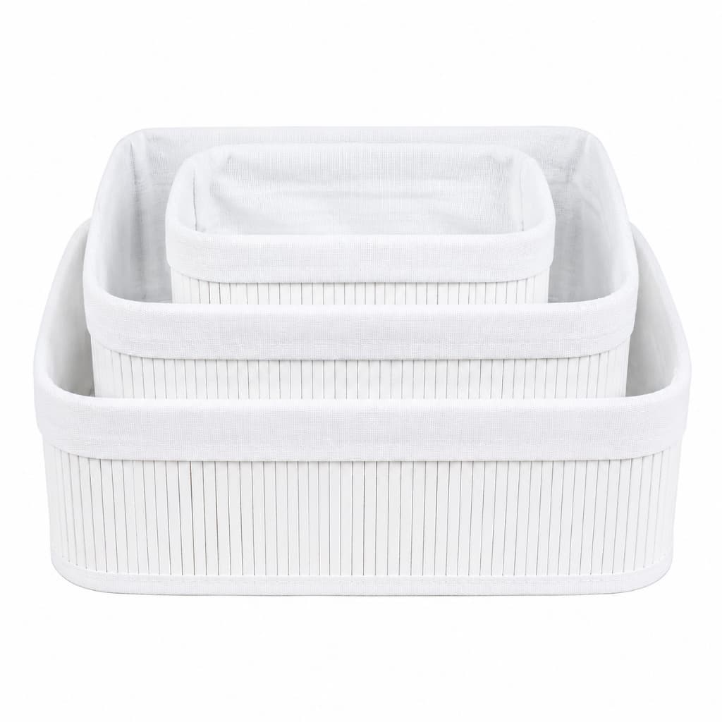 Kit 3 Cestos Organizadores de Bambu Branco com Forro Organizador Multiuso para Banheiro Cozinha Quarto Closet