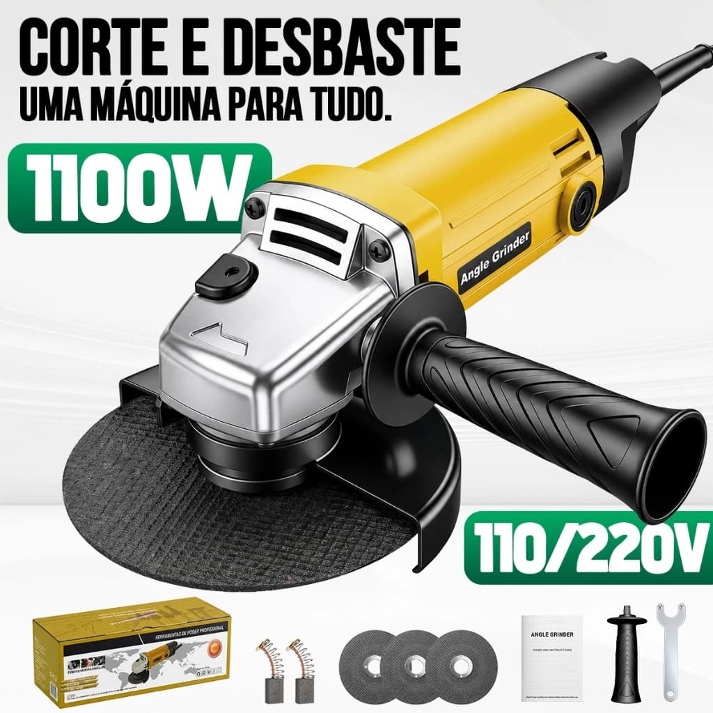 Esmerilhadeira Angular 110V/220V Profissional Com Cabo Elétrico 115mm Para Trabalhos Pesados Corte e Acabamento Preciso