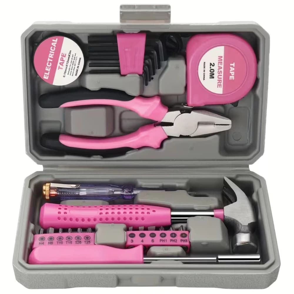 Kit Jogo de Ferramentas Rosa Maleta Portátil 13/24 Peças Multifuncional Completo para Reparos Domésticos e DIY