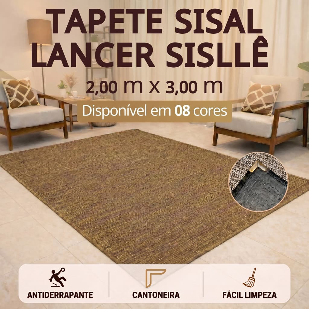 Tapete Sala 3,00 x 2,00m Sisal Lancer Sisllê Antiderrapante Cantoneira Aço Cromado Quarto Escritório