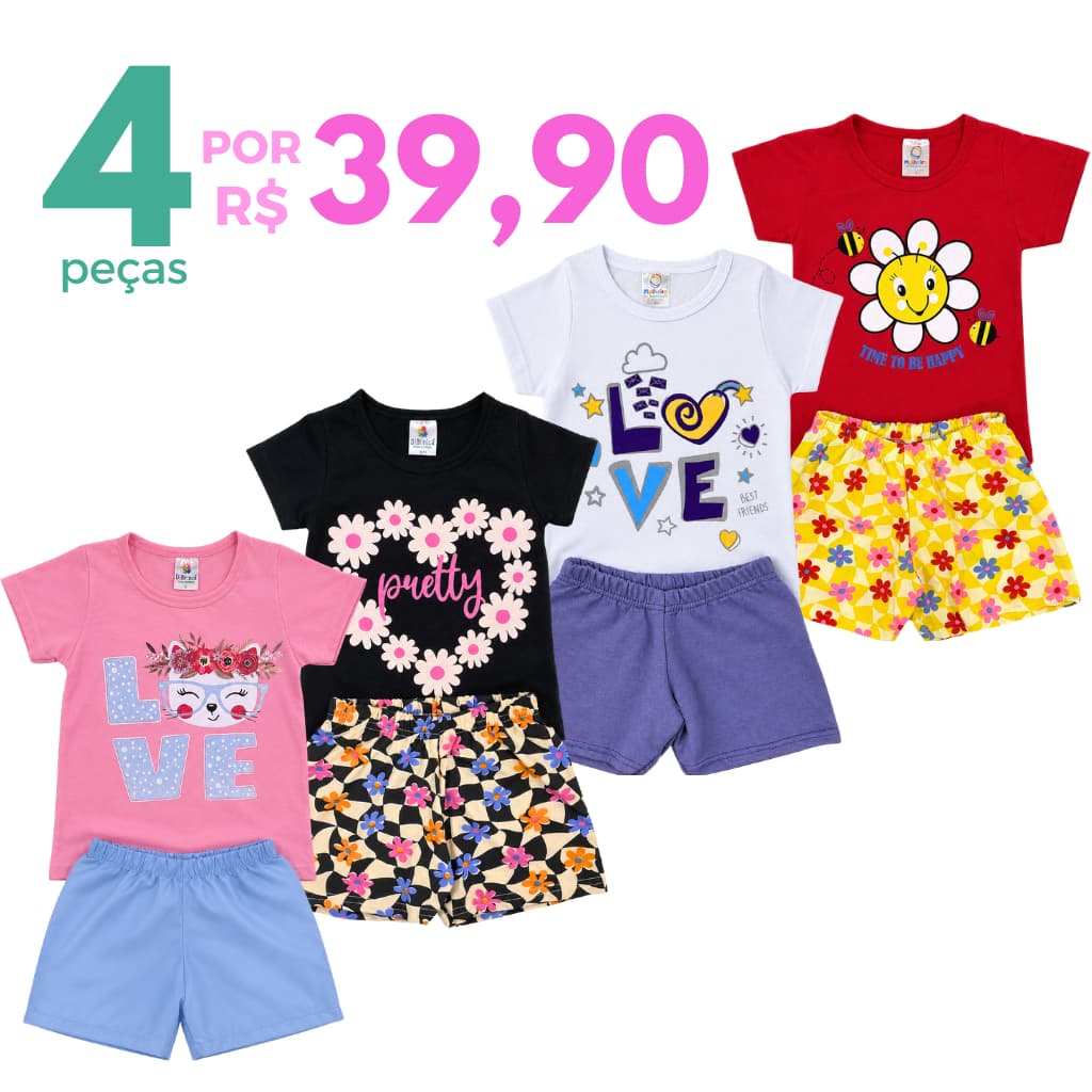 Kit 4 Peças Conjunto Sortido Roupa Infantil Menina Verão Estampado Camiseta + Shorts Bebê