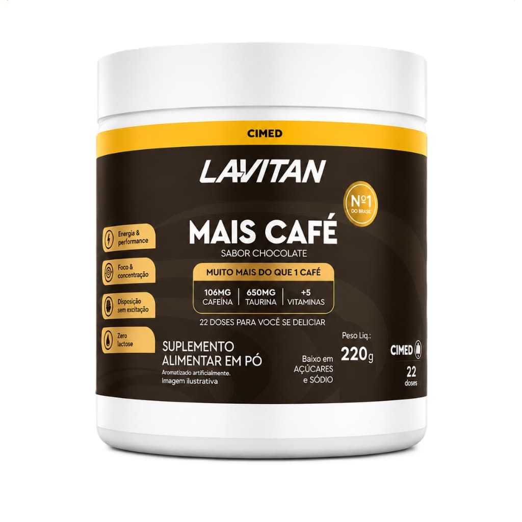 Lavitan Mais Café Sabor Chocolate 220g Cimed Suplemento em Pó Pré Treino Vitaminas Foco e Energia