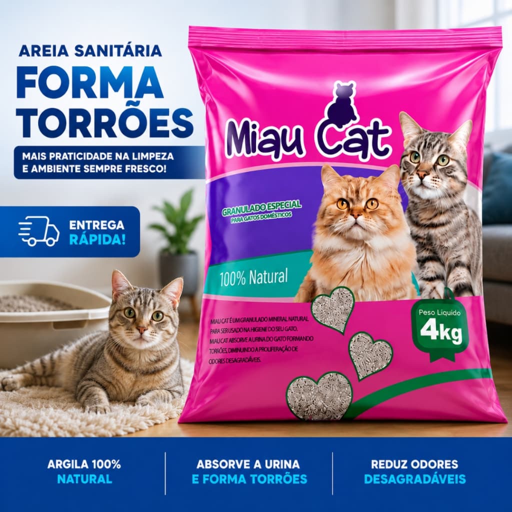 Fardo 5 Pacotes 4KG de Areia Sanitária Granulado Forma Torrões Miaucat Perfumado Lavanda 20KG