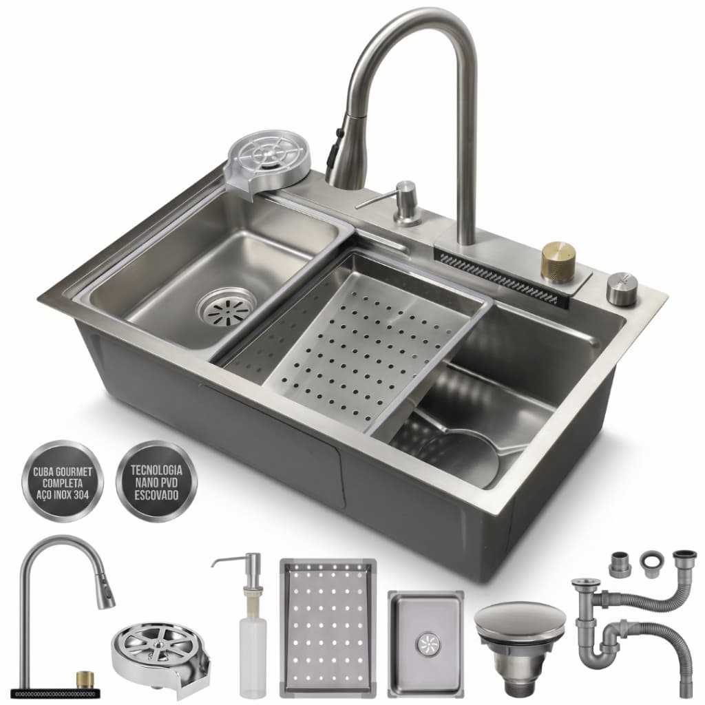 Cuba Gourmet para Pia de Cozinha 75x45 Inox 304 Nano PVD com Torneira Monocomando e Kit Completo