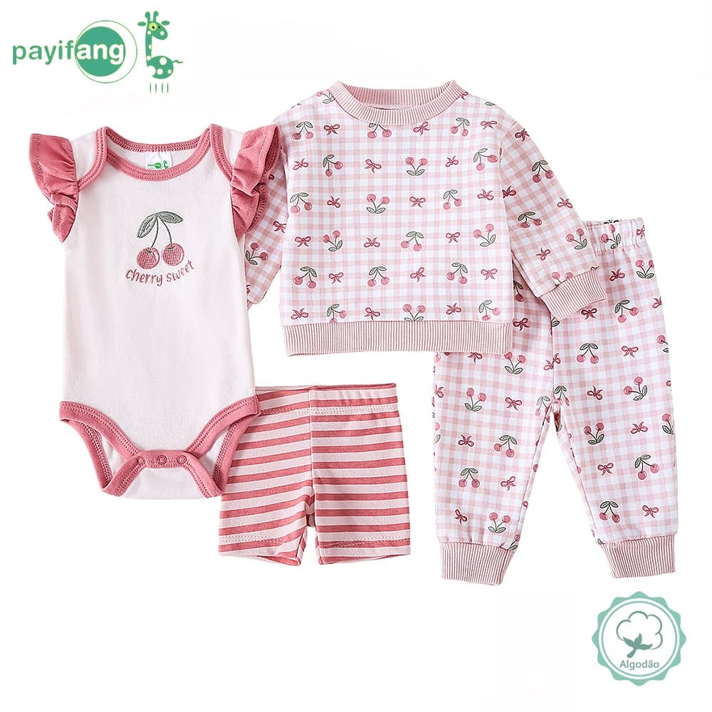 Kit 4 Peças Conjunto Roupa Bebê Menina 60% Algodão 40% Poliéster Body Cereja + Blusa Xadrez + Calça + Shorts TM-4029