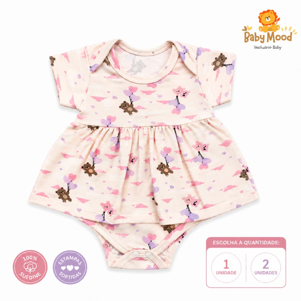 Vestido Bebê Menina Body Saia 100% Suedine Estampas Sortidas Roupa Infantil Direto Da Fábrica Manga Curta Kit 1 ou 2 Un