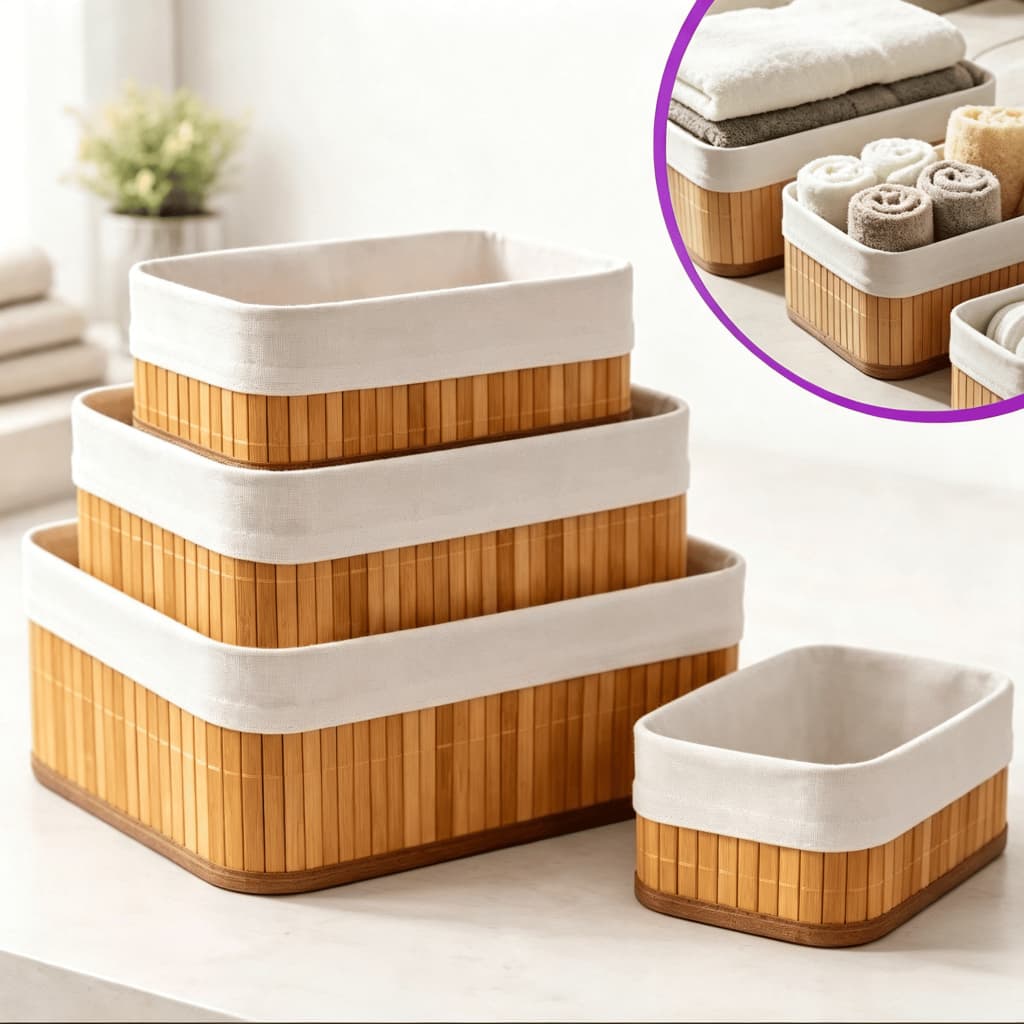 Kit 3 Cestos Organizadores de Bambu Multiuso Cozinha Banheiro Closet Decoração  3 Cesto Bambu  Multiuso