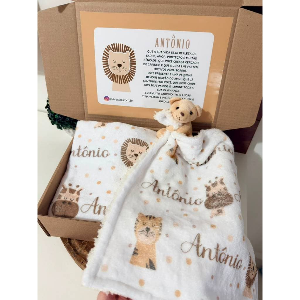 Kit Manta e Naninha Safari Neutro Bebe Menino Personalizado Enxoval Com Nome