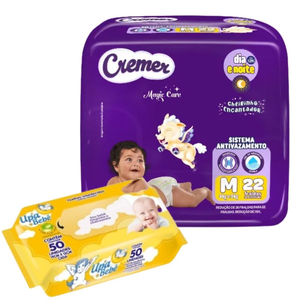 Kit Fralda Descartável Cremer + Toalha Umedecida Upa Bebê - Combo Higiene e Cuidado para Bebê