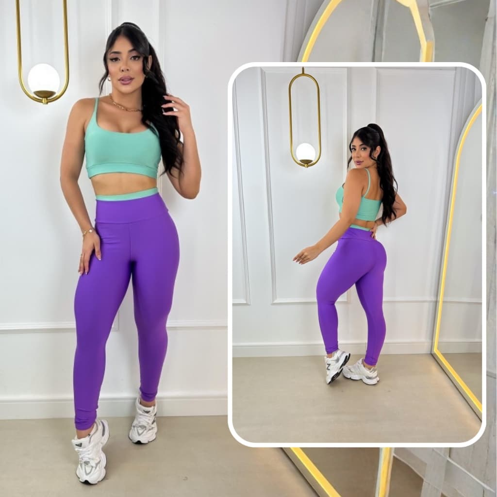 Conjunto Fitness Bicolor Feminino calça e Top Bicolor curto Bojo Removível Academia Roupa De Malhar Suplex Premium