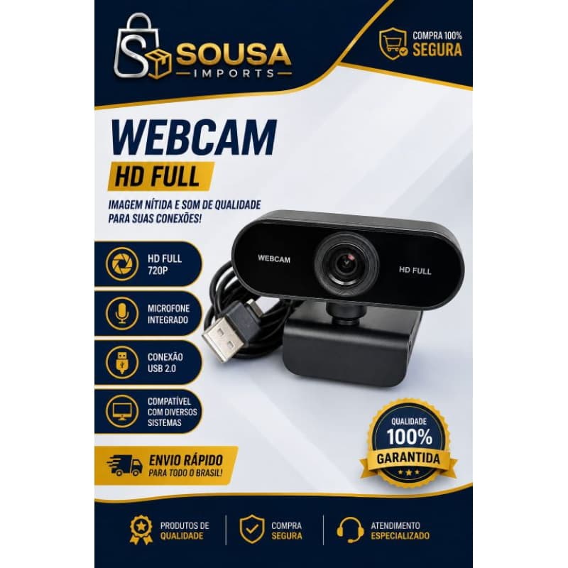 Webcam HD Full 720P USB 2.0 com Microfone Integrado Plug and Play para PC e Notebook