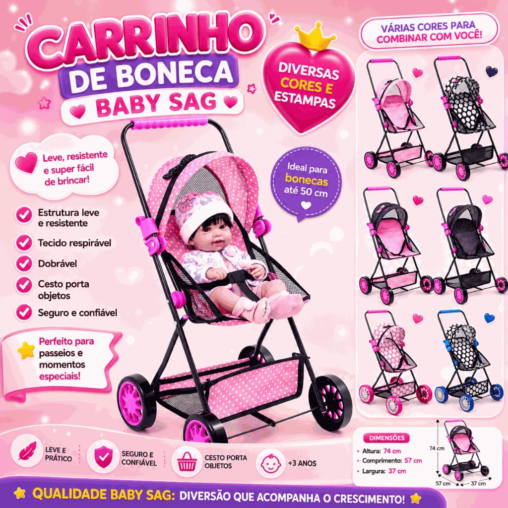 Carrinho de Boneca Baby Sag Infantil Rosa Coração Novidade Menina Reborn.