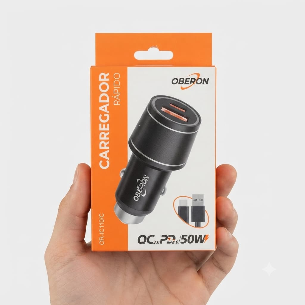 Carregador Veicular Rápido 50W OBERON (QC 3.0 + PD 3.0) Duas Portas USB e Tipo-C