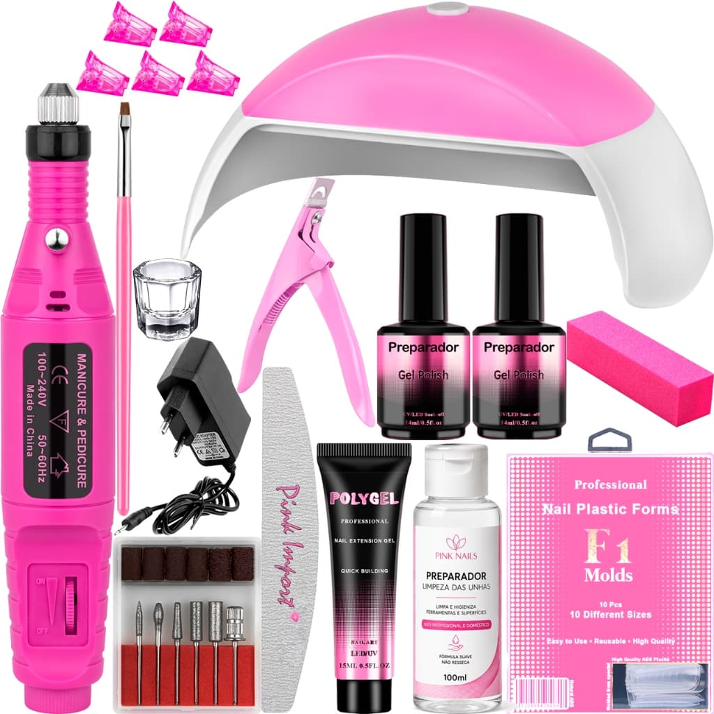 Kit Polygel Completo Cabine Mini G 48W LED UV Unhas Poligel Lixadeira Elétrica Caneta Manicure