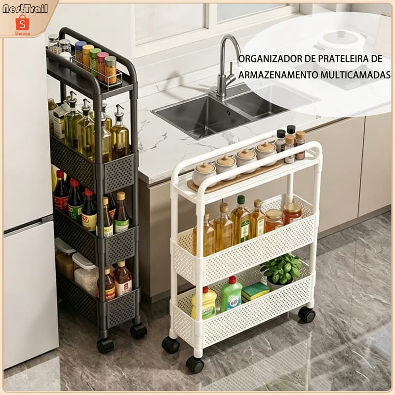Carrinho Organizador Multiuso com Rodas 360°, Estante Vertical 4 Andares para Cozinha Banheiro Casa