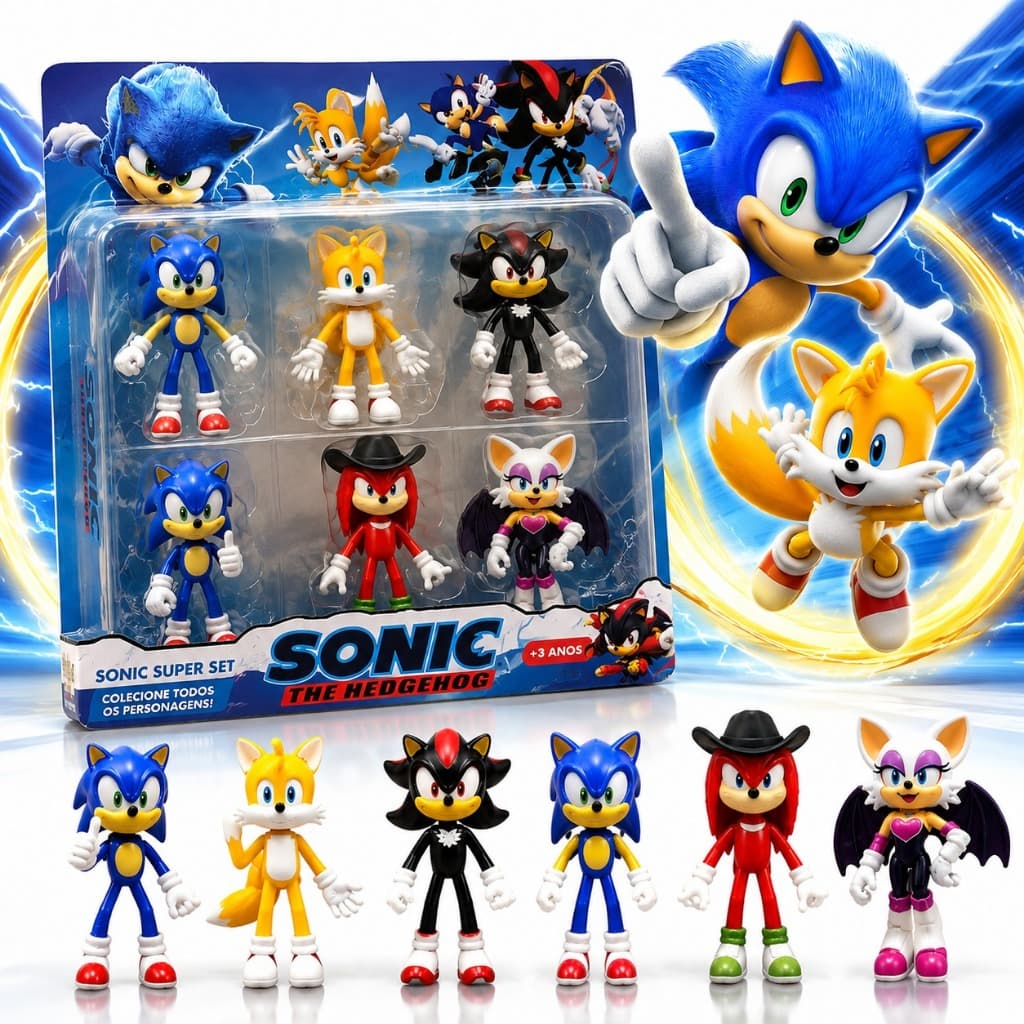 Kit 6 Bonecos Personagens Sonic Tails Articulados Coleção