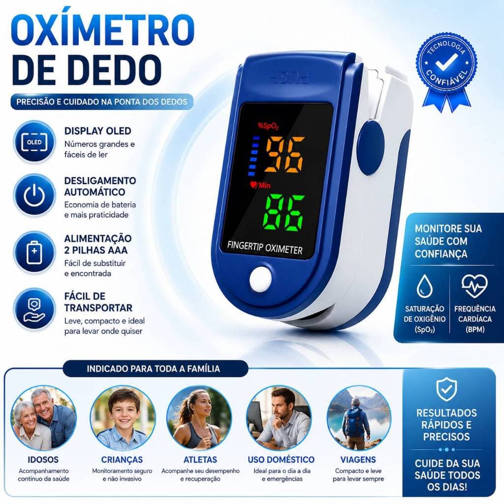 Oxímetro de Dedo Digital Portátil Medidor SpO2 Saturação de Oxigênio Frequência Cardíaca Tela LED