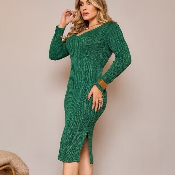 Vestido Midi Tubinho Feminino Tricot com Fenda Lateral Manga Longa Feminina