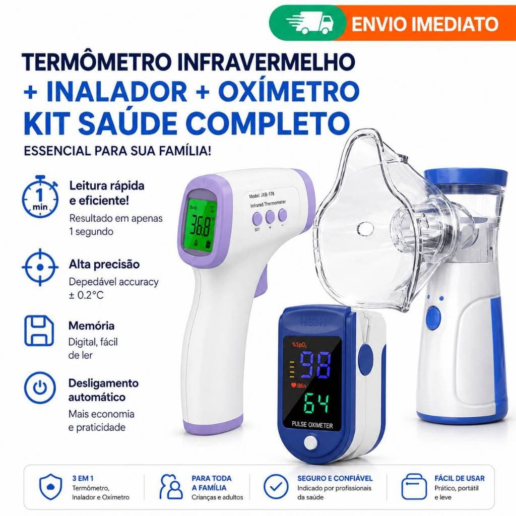 Kit Completo Inalador Portátil Mesh Termômetro Digital Infravermelho Oxímetro de Dedo Recarregável