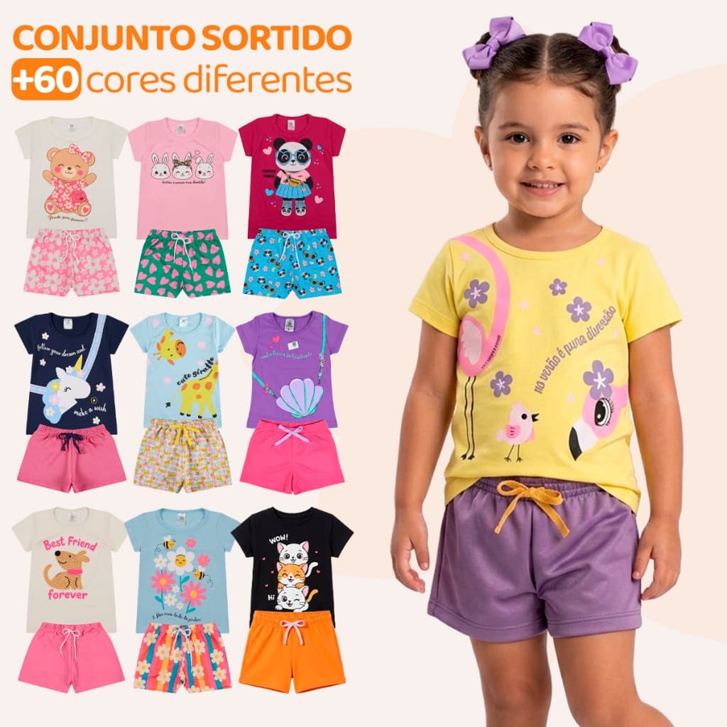 Kit Sortido 10 Peças de Roupas Infantil Bebê Menina (5 Camisetas + 5 Shorts) Kit 5 Conjuntos Bebê