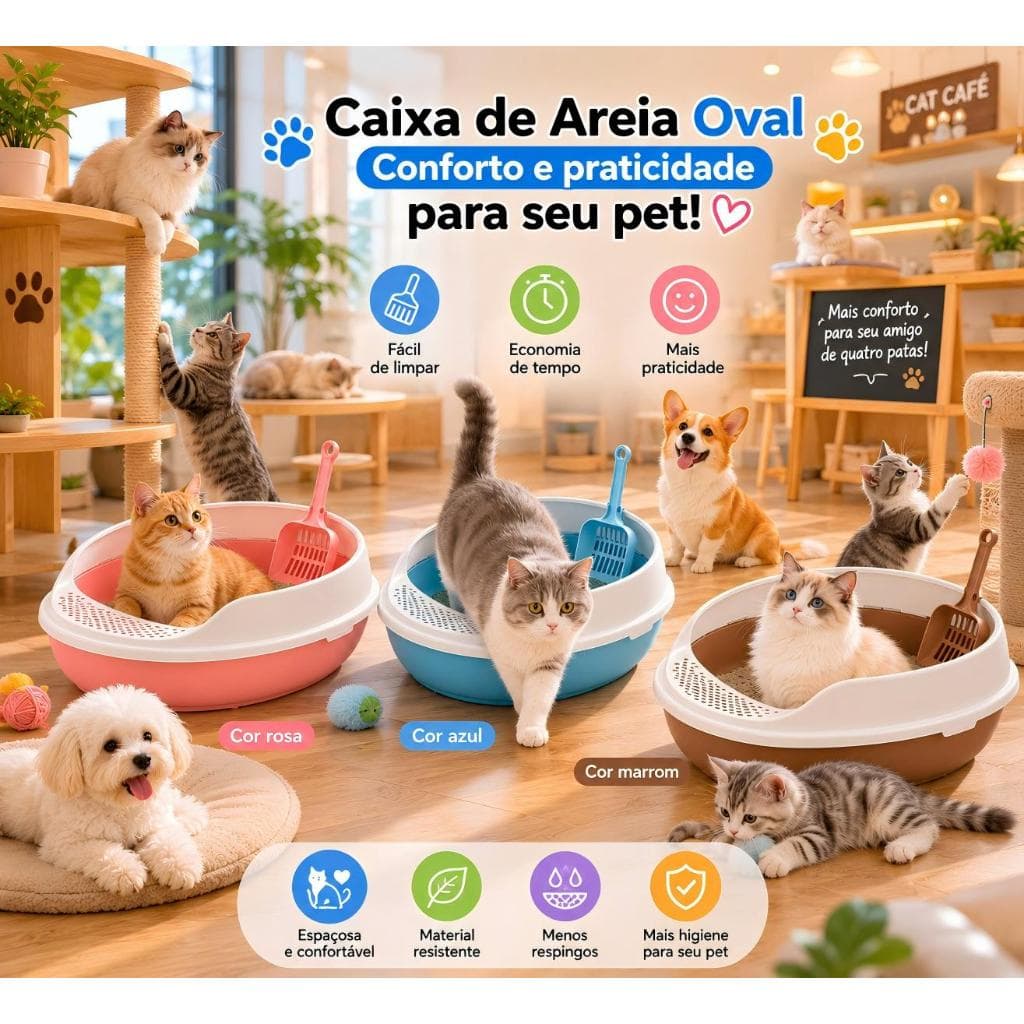 Caixa de Areia para Gatos Oval com Peneira Bandeja Sanitária Pet Grande Espaçosa Rosa Azul ou Marrom