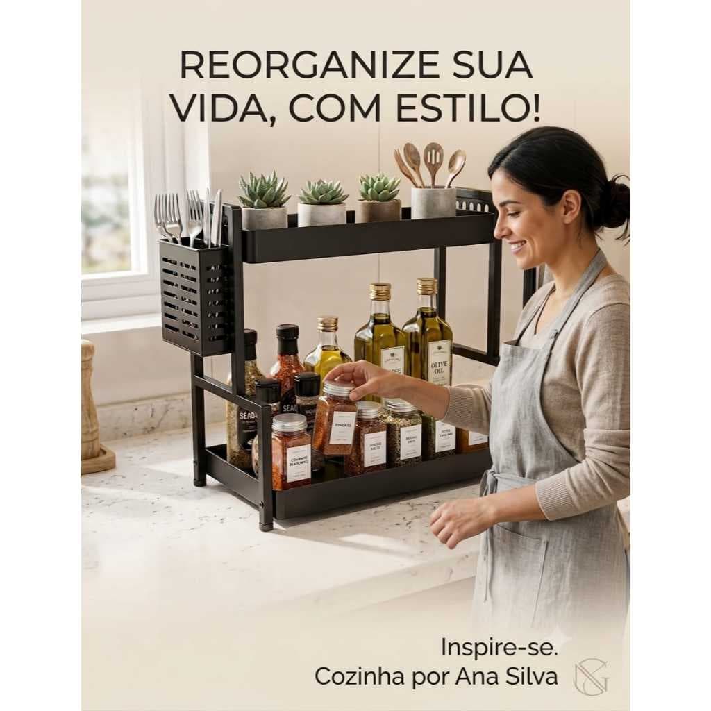 Organizador Metal Preto Multiuso Duas Camadas Prateleira Aramado Escritório Cozinha