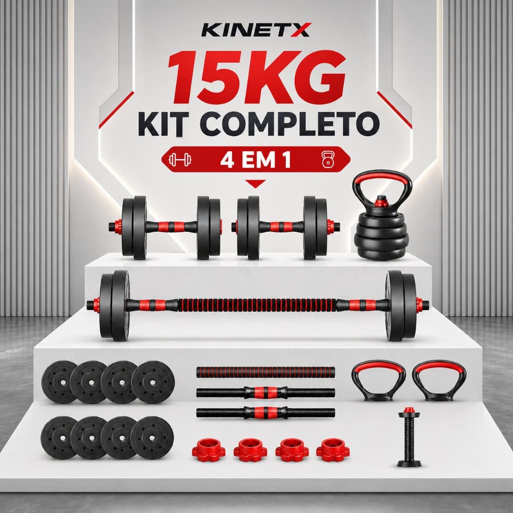 Kit De Halteres E Anilhas Musculação Ajustáveis KINETX 15kg Barras Kettlebell Para Treino Em Casa Academia