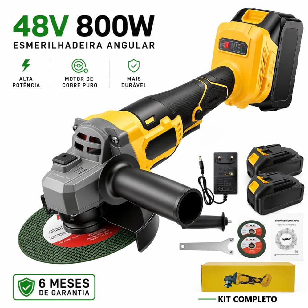 Esmerilhadeira Angular Sem Fio 48V 800W Com 2 Baterias Kit Completo Ferramenta Elétrica Profissional