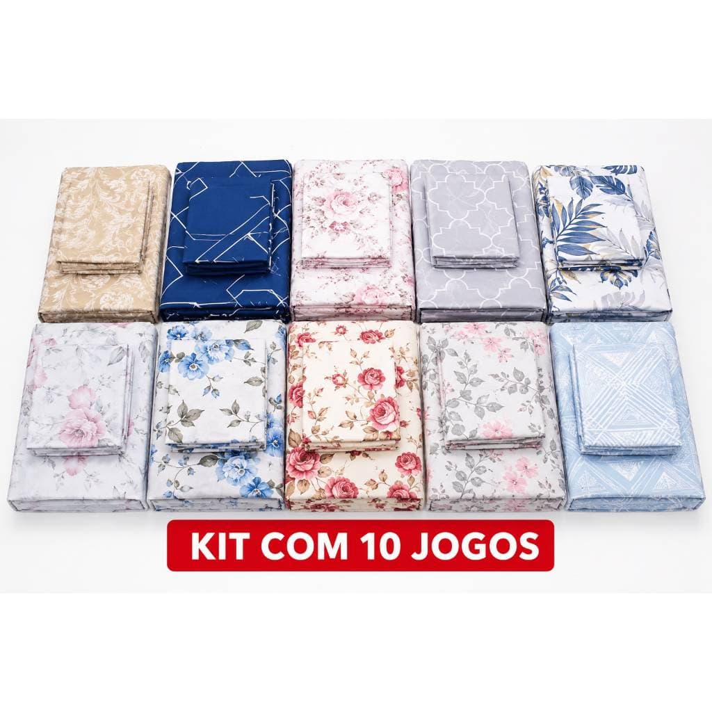 Kit 10 Jogos de Lençol Casal 3 Peças Estampados com Elástico 20 Fronhas Microfibra Macia Atacado