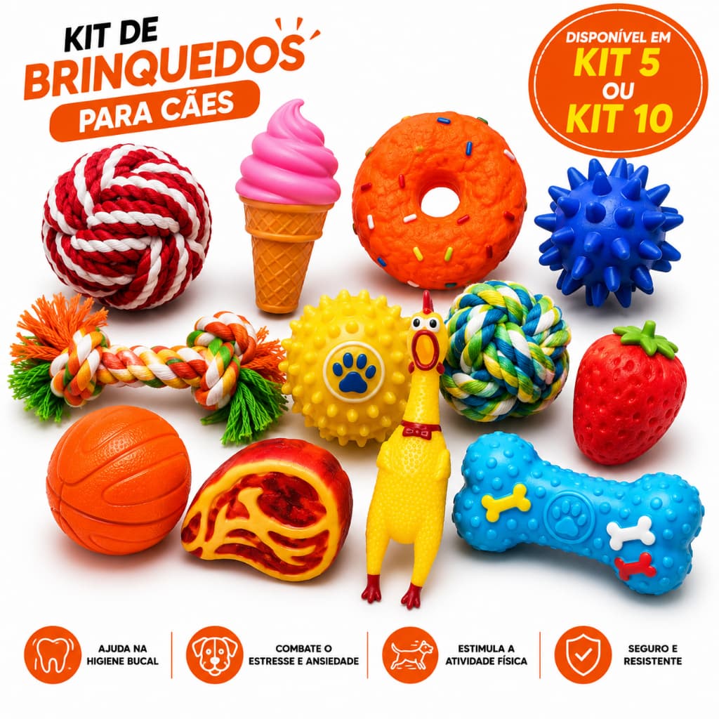 Kit 5 Brinquedos para Gato e Cachorro Porte Pequeno Médio Resistente Mordedor Interativo Anti Estresse Sortidos