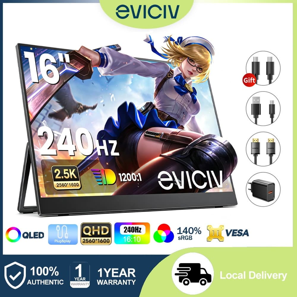 EVICIV Monitor Portátil Gamer 16 Polegadas 240Hz 2.5K QLED Tela Anti-Reflexo HDR FreeSync Compatível PS5 Xbox Switch