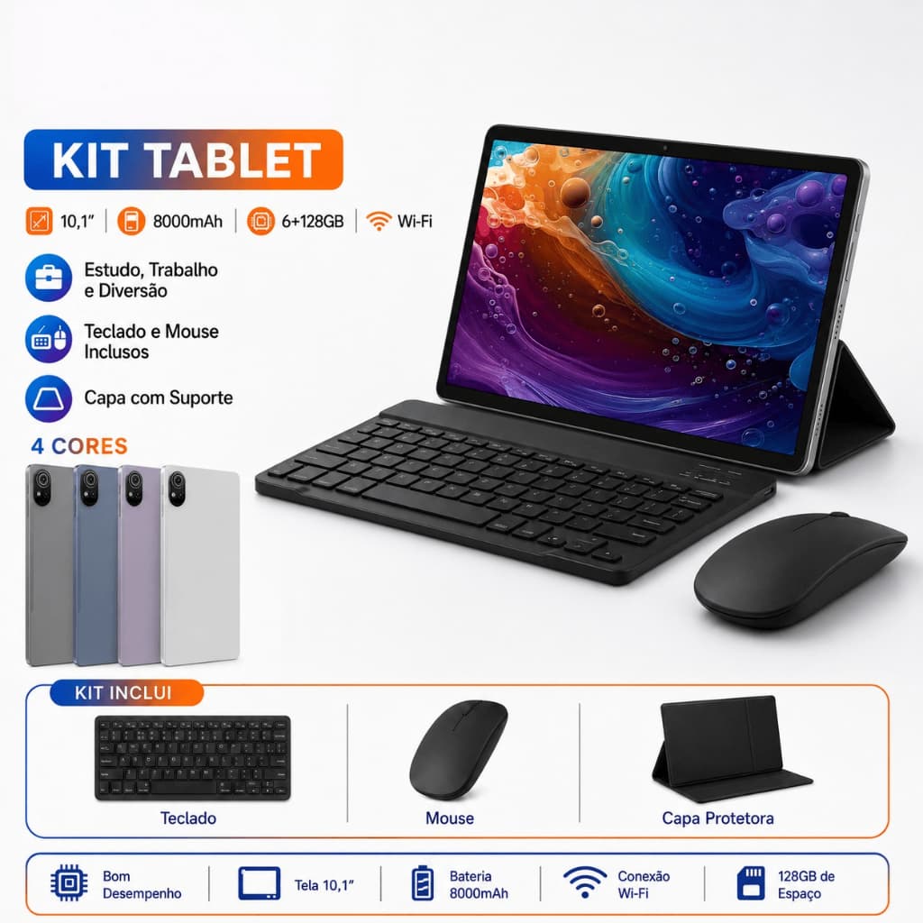 Tablet 15 PRO Android 13 8000mah Wifi com chip 10.1 , Teclado+Mouse 6GB RAM 128GB Câmera Bluetooth