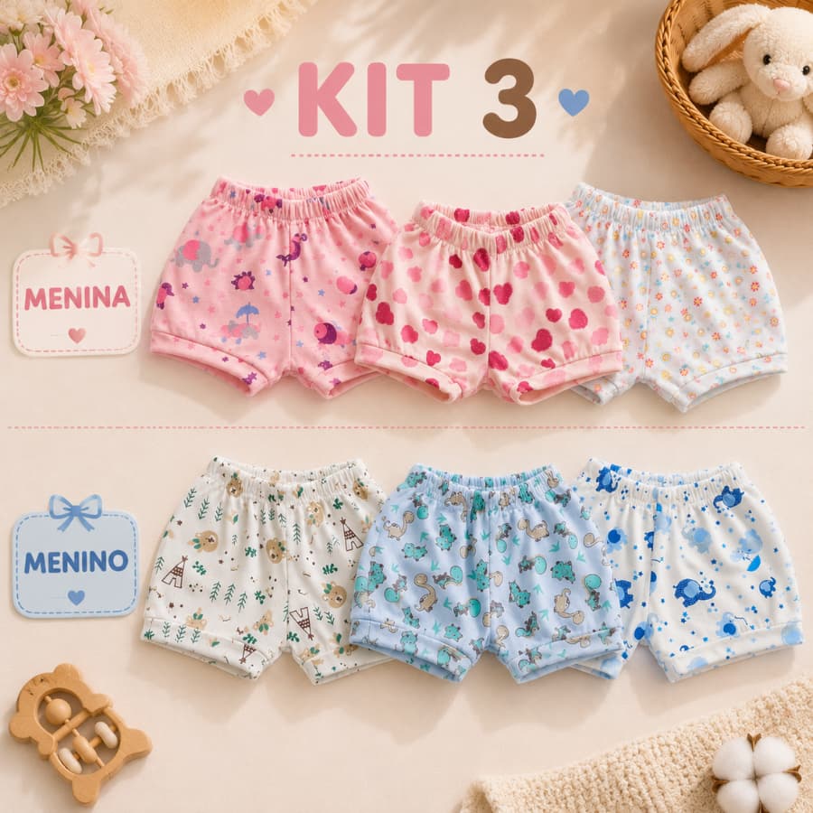 Kit 3 Shorts para bebê/ Tapa Fralda  menina e menino algodão 100%