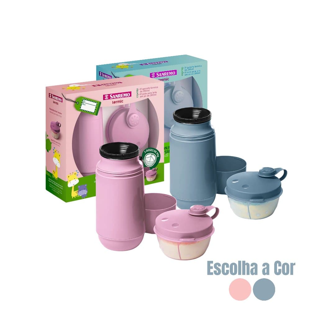 Conjunto Garrafa Termica 250ml + Pote Para Leite Em Pó 280ml Infantil Bebe - Sanremo
