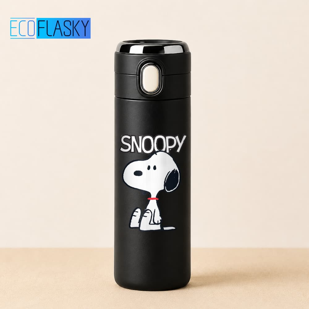 Garrafa Térmica Infantil Aço Inox Snoopy Estampada Termometro LED Digital Temperatura 420ml