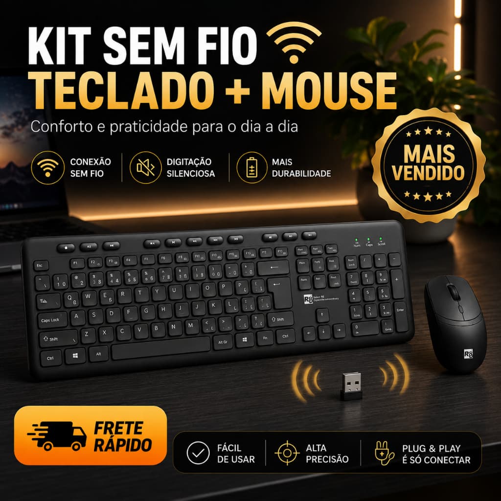 Kit Teclado e Mouse Sem Fio Premium Design Moderno, Teclas Multimídia, ABNT2 com Ç, Alta Performance
