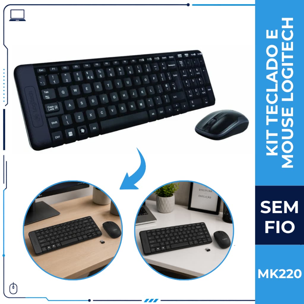 Kit Teclado e Mouse Sem Fio Logitech MK220 USB ABNT2 Preto